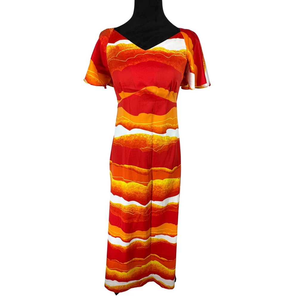 Vintage Hawaiian Sunset Maxi Dress 6 Made in Hawaii Sunset Empire Waist Orange‎